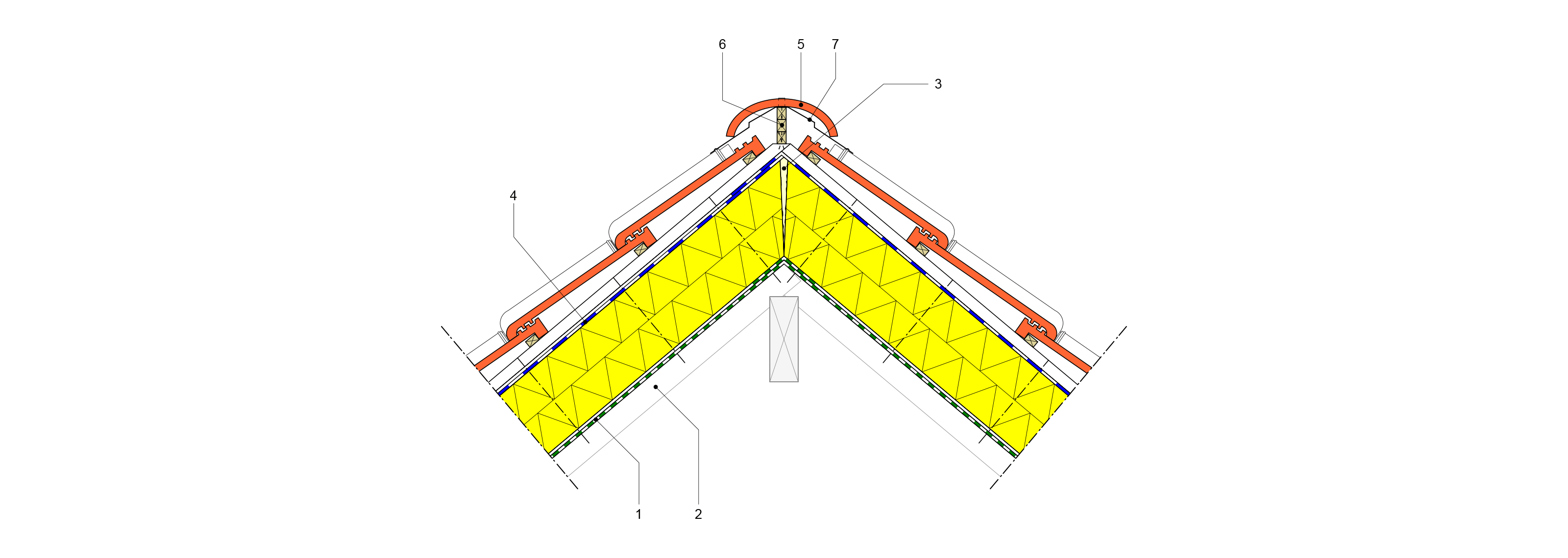 Nok van een sarkingdak. Buildwise-bouwdetail. - Faîtage d’une toiture sarking. Détail constructif Buildwise.