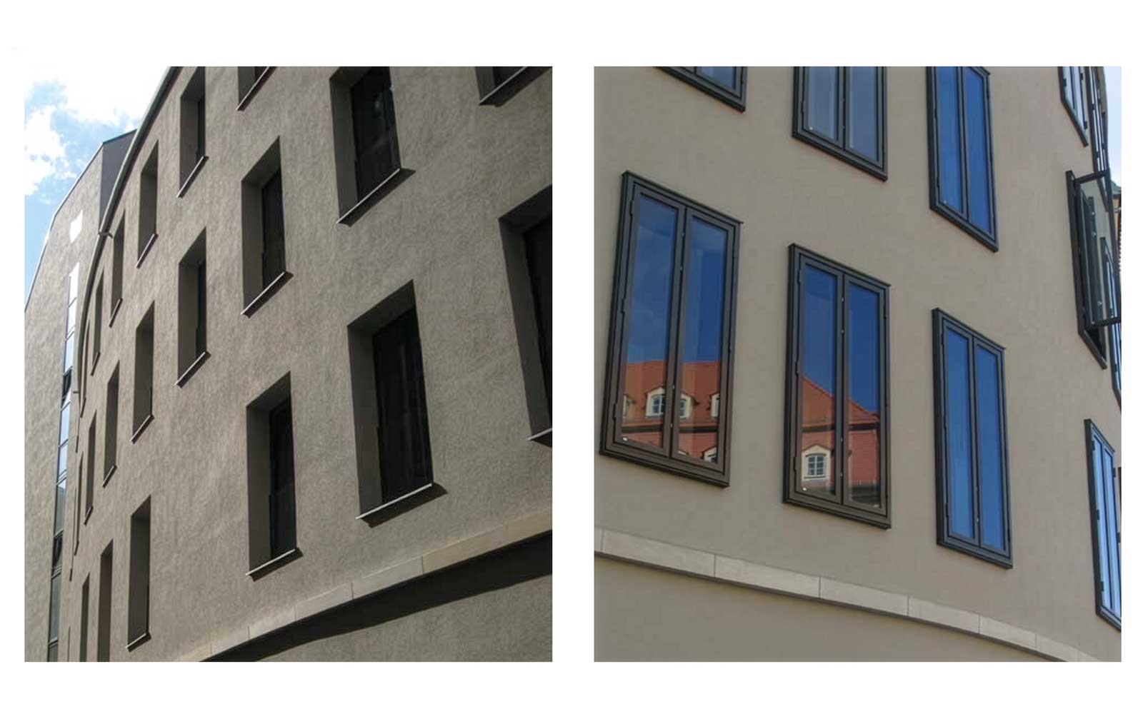 Deux façades avec des fenêtres dont les cadres sont raccordés à l’aide de bandes d’étanchéité précomprimées.