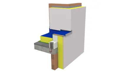 Animation de la jonction d'un acrotère d’une toiture plate contre une façade en butée pourvu d’un ETICS