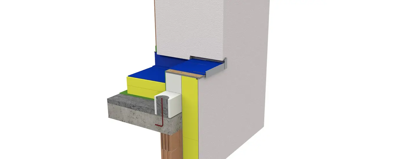 Animatie van de aansluiting van de dakrand van een plat dak en een opgaande gevel met ETICS